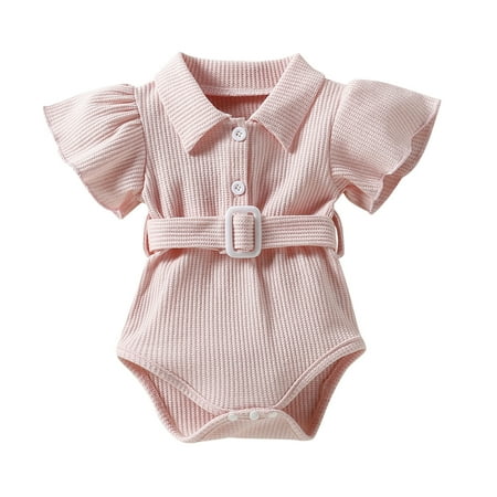 

Toddler Kids Girls Cute Ribbed Flare Short Sleeves Romper Jumpsuit Belt Cloths