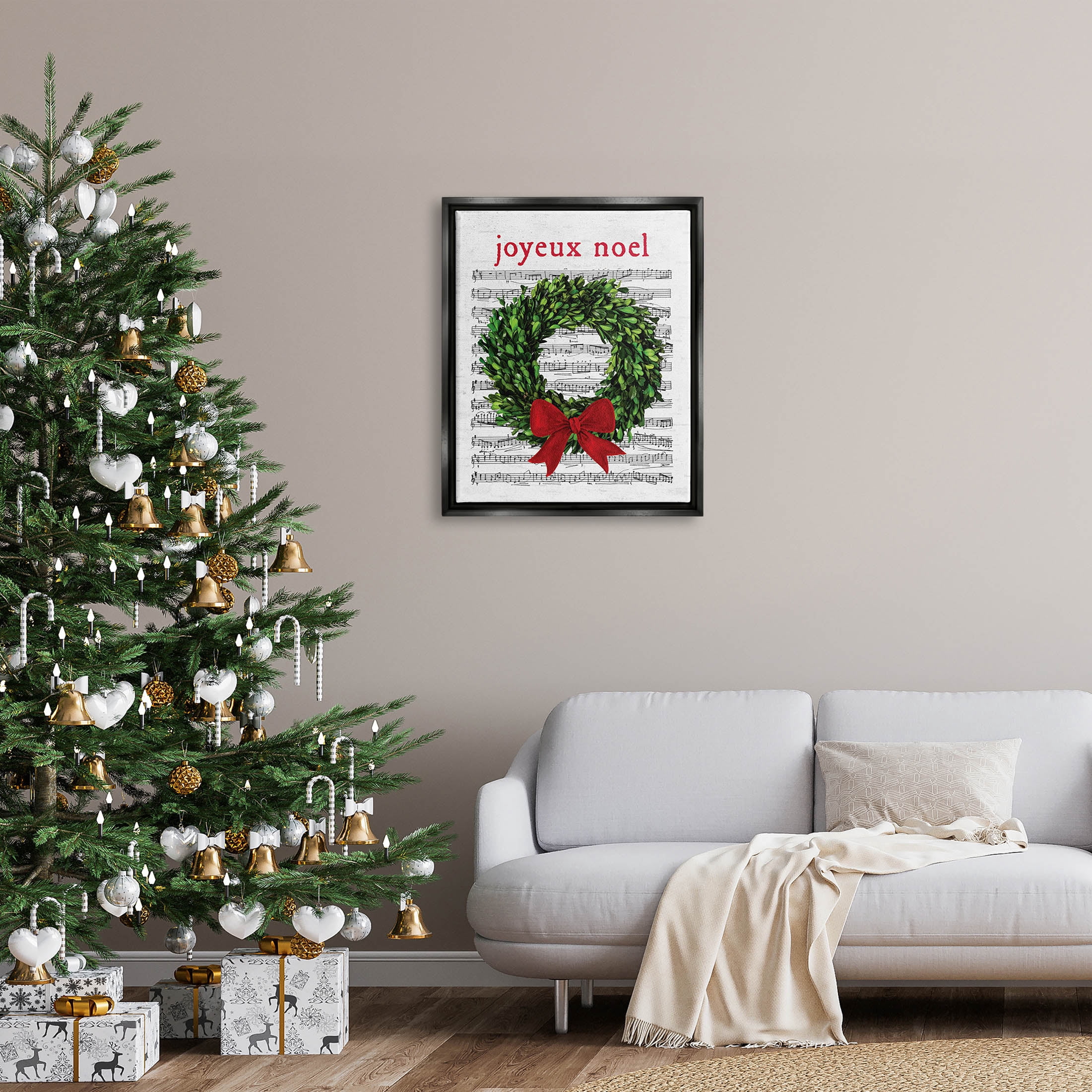 Stupell Industries Joyeux Noel Vintage Song Graphic Art Jet Black Floating Framed Canvas Print Wall Art, Design by Lettered and Lined