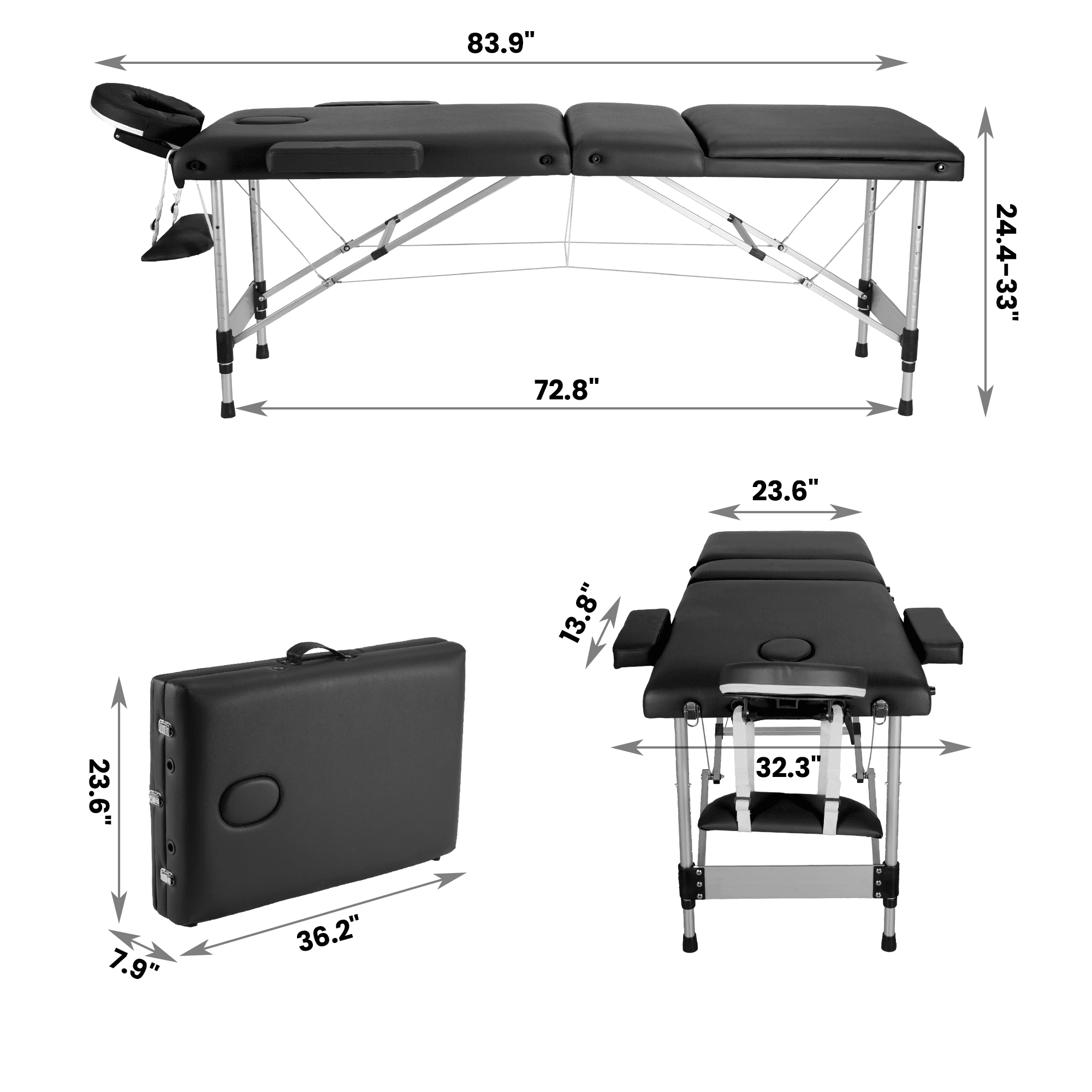 Naipo 3-Section Massage Table 73''Long 82'' Height Adjustable Folding with Carrying Bag for Salon Lash Treatments, Maximum weight capacity 661lbs, Black