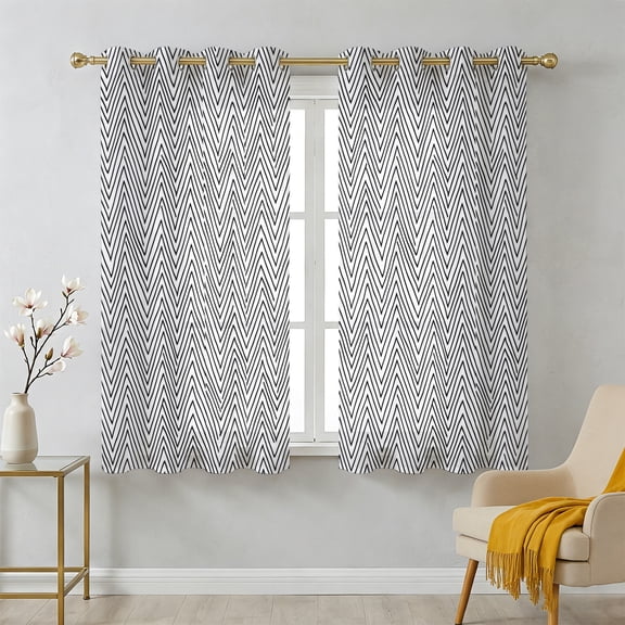 Simple Striped Sheer Curtains 45 Inch Long 2 Panels, Art Deco White Black Stripes Vintage Light Filtering Semi Sheer Drapes Grommet Voile Window Curtain for Living Bedroom W42 x L45