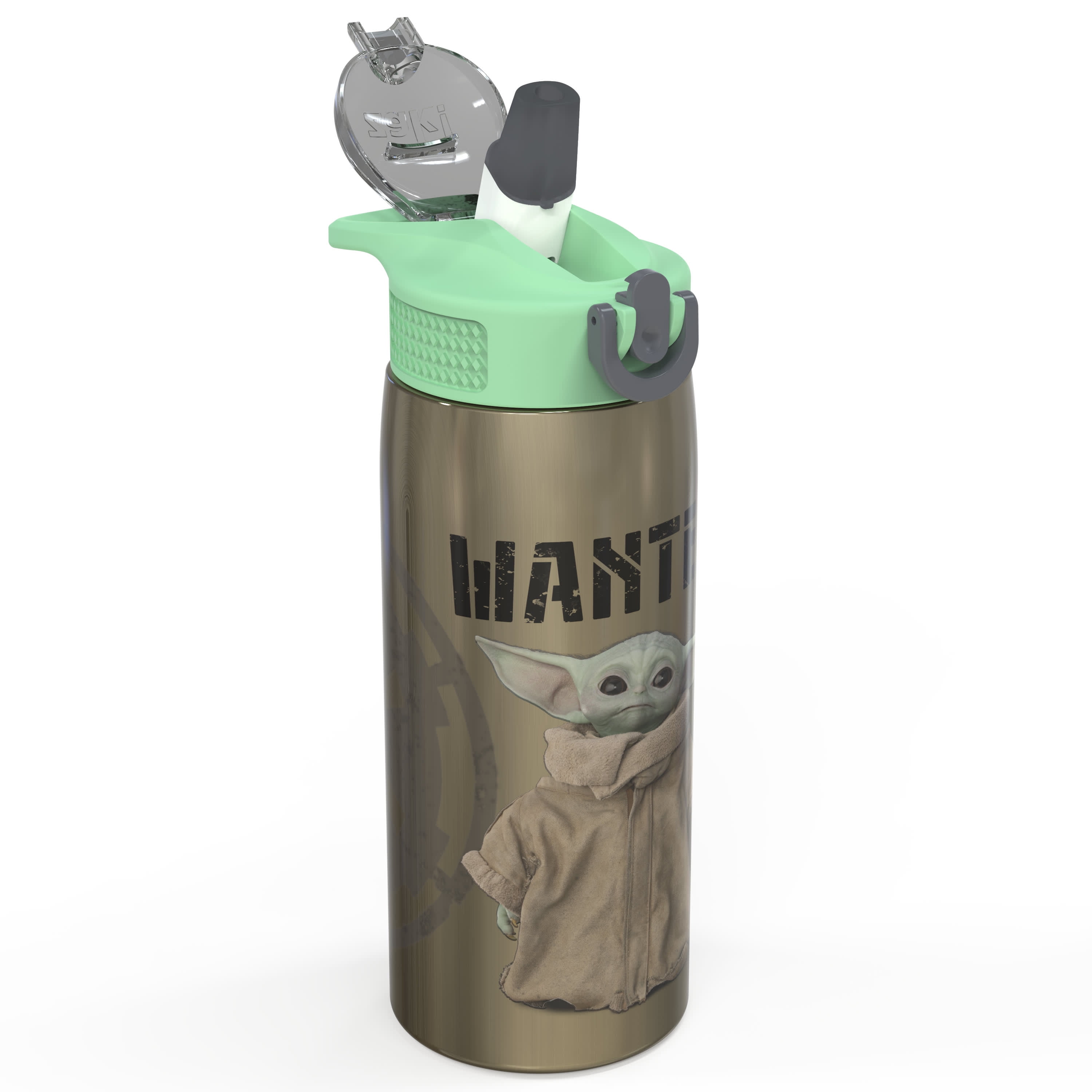 Zak Designs Star Wars The Mandalorian Plastic Water Bottle with Push Button Action, Locking Lid, and Portable Carry Loop, Includes 2 Reusable Straws