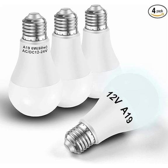 12V 24V LED Light Bulb A60 A19 50W 60Watt Equivalent, 6000K Daylight White 700lm 6W E26 Standard Base for RV Camper Boat Landscape Lighting, 4 Pack