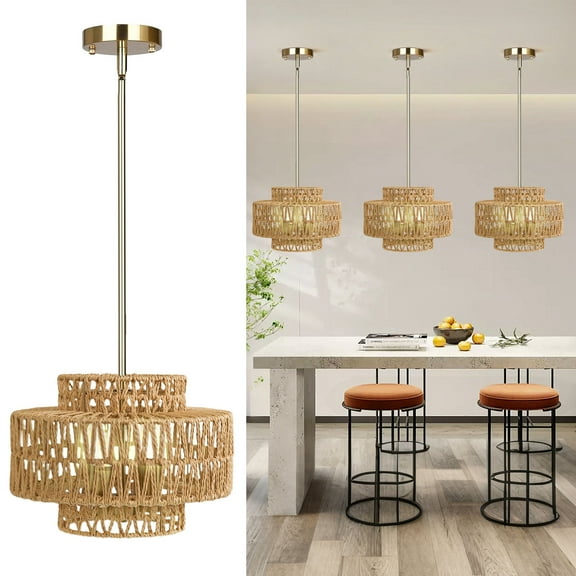 4-Light Boho Rattan Chandelier Light Fixture, 12.4” Hand Woven Rustic Chandeliers Farmhouse Chandelier Hanging Light for Dining Room Kitchen Island, Living Room, Foyer