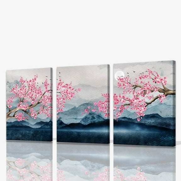 Japanese Wall Art Cherry Blossom Tree Pictures for Wall Decorations Pink Wall Decor Floral Wall Pictures for Bathroom Canvas Art for Bedroom Framed 12x16inchx3pcs