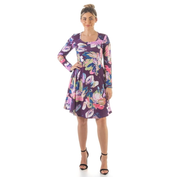 24/7 Comfort Apparel Womens Floral Purple Long Sleeve Knee Length Dress