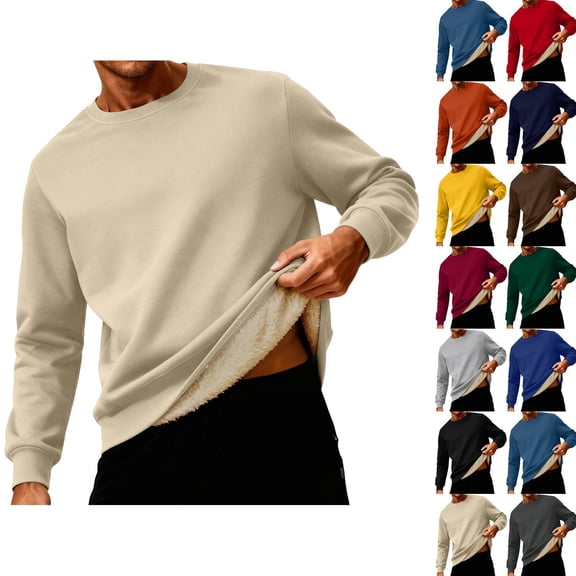 Fshiont 2026 Warm Sherpa Lined Sweatshirt for Men Fleece Lined Crewneck Heavyweight Winter Pullover Sweater Beige M