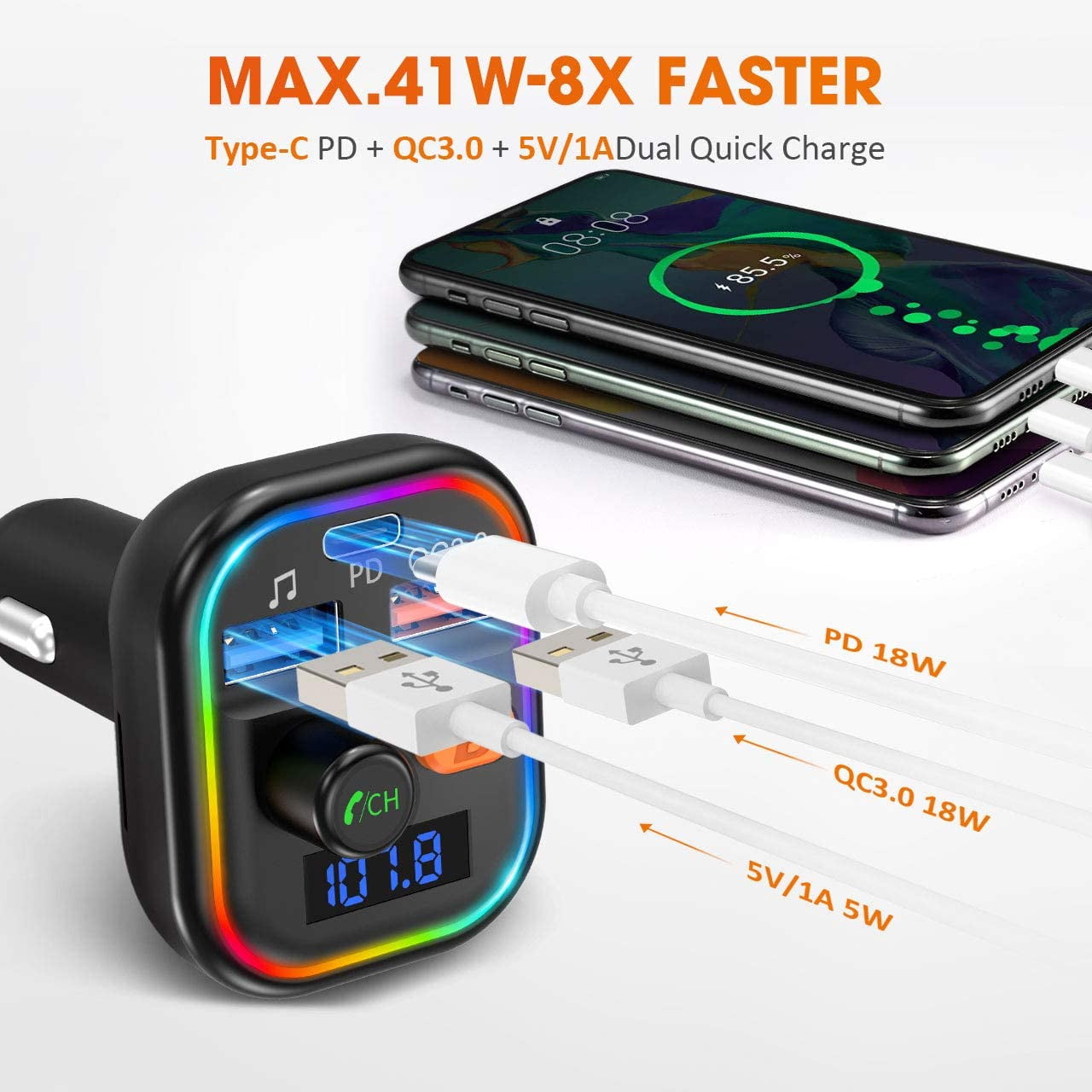 41W PD /& QC3.0 Quick Charge Bluetooth Transmitter Deep Bass Wireless Hands-Free MP3 Car Charger Kit 9 Backlight Modes with RGB Support Siri Google Assistant【2020 NEW ARRIVAL】 VTIN FM Transmitter For Car Bluetooth 5.0