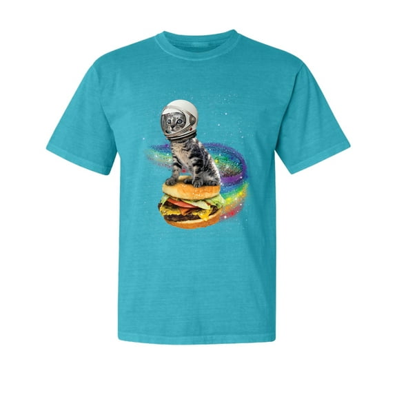Wild Bobby, Funny Graphic Astronaut Cat in Space on Cheeseburger, Animal Lover, Garment-Dyed Washed Look Short Sleeve T-Shirt, Blue Lagoon, Small