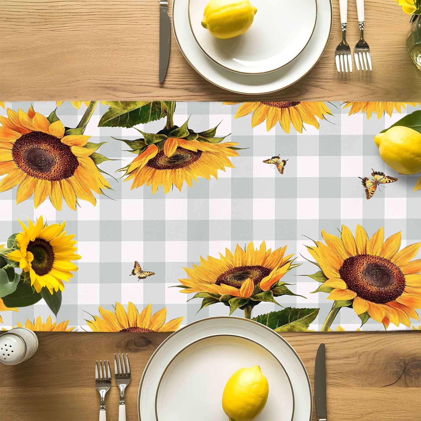 Spring Gradient Yellow Sunflower Table Runner 90 Inches Long, Farm Butterfly on Grey Plaid Table Runners Tabletop Scarf Kitchen Dining Tables Decoration for Home Party Indoor Outdoor
