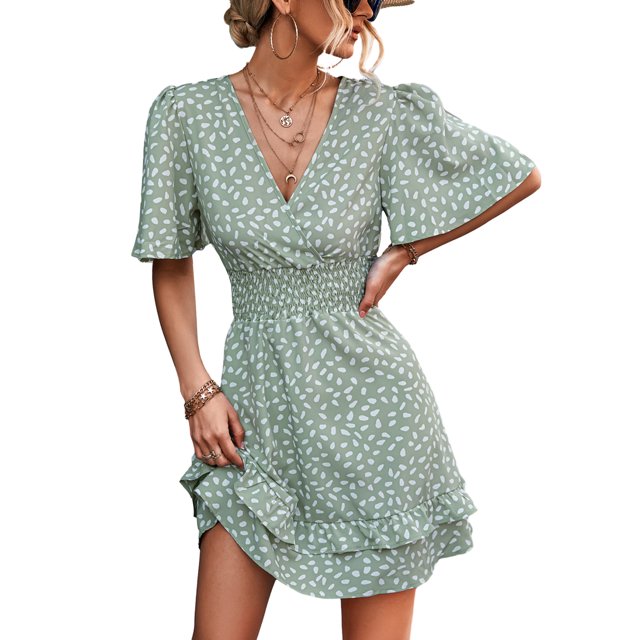 Lucakuins Mini vestido de mujer de manga corta con cuello en V y estampado de lunares, vestido de verano para uso diario informal Lucakuins moda