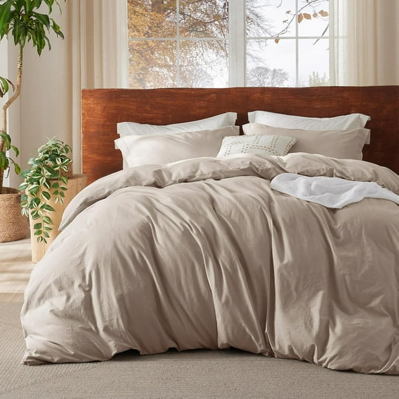 100% Washed Cotton Duvet Cover Queen Size - Warm Sand Minimalist Duvet Cover Linen Like for All Seasons - GentleSoft™ Plain Simple Bedding