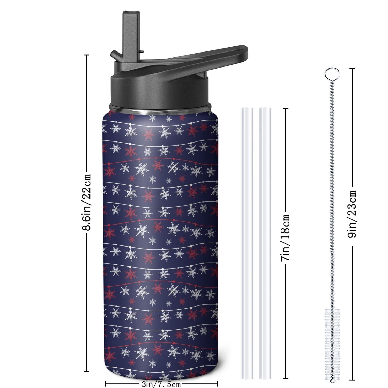 Christmas 18 oz Insulated Stainless Steel Water Bottle with Straw & Cleaning Brush , Leakproof, BPA-Free, 304 Stainless Steel, Wide Mouth, Travel Mug for Car, Gym, Office