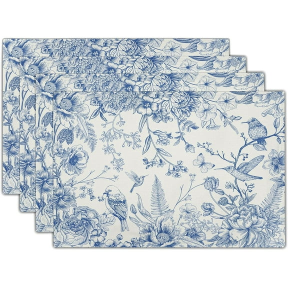 Chinoiserie Placemats Set of 4,18X12 Inch Blue Birds Floral Porcelain Washable Heat Resistant Place Mats for Spring Summer Seasonal Kitchen Party Dining Table Decoration