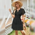 thumbnail image 3 of IBTOM CASTLE Women Short Sleeve Hollow Out Mini Dress Summer Casual Ruffle A-Line V Neck Sundress Beach Lace Vacation Dress M Black, 3 of 8