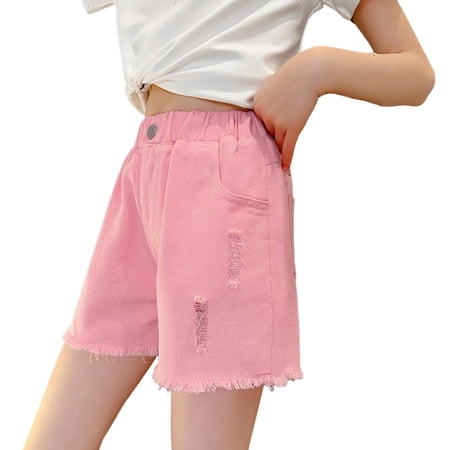 ZACPNCV Girls Ripped Jeans Shorts High Waist Hem Straight Leg Distressed Denim Shorts for Teen Girls Pink 4-5 Years