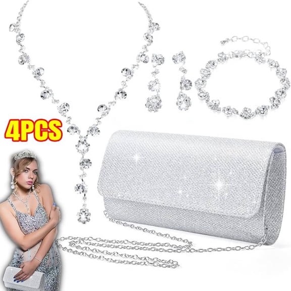 4 Pieces Women Evening Rhinestone Jewelry Set Bling Glitter Clutch Purse Necklace Earrings Bracelets for Women Bride Wedding Evening Party
