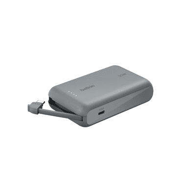 Belkin Portable Charger, Power Bank 10,000mAh with Integrated Cable - 20Watt Fast Charge USB-C Power Delivery, Portable iPhone Charger for iPhone 16 Series, iPad Pro, Galaxy S25, and More - Gray