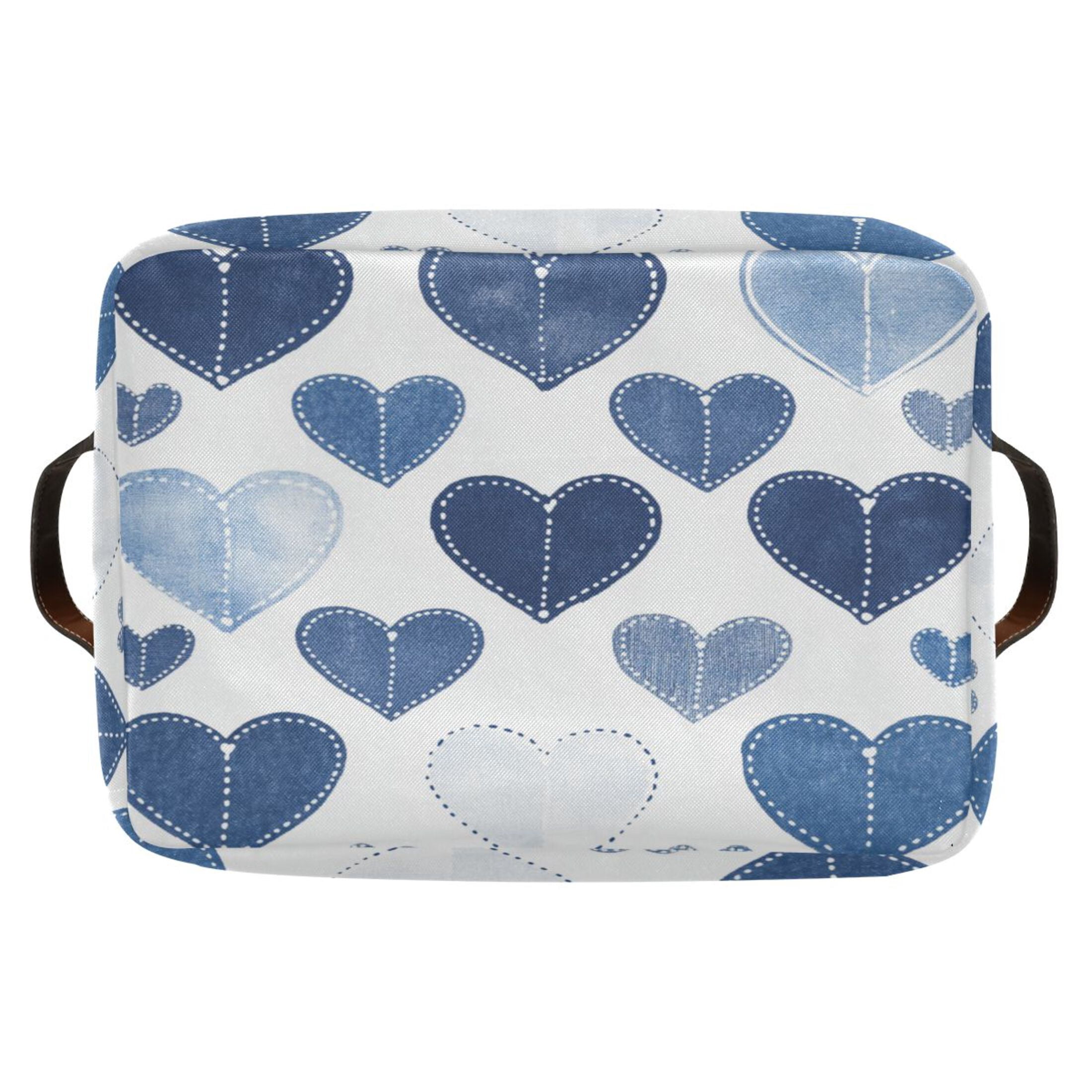 Denim Heart Pattern Foldable Storage Basket,Canvas Fabric Foldable Storage Bins with Handles Open Home Storage Bins Boxes for Toy Book Shelf Closet Baskets