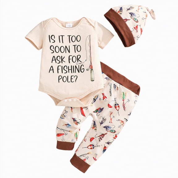 UngA Newborn Baby Boy Clothes Fishing Short Sleeve Romper Shirt Tops Pants Summer Spring Outfits Cute Hat 3Pcs Set (Beige,3-6 Months)