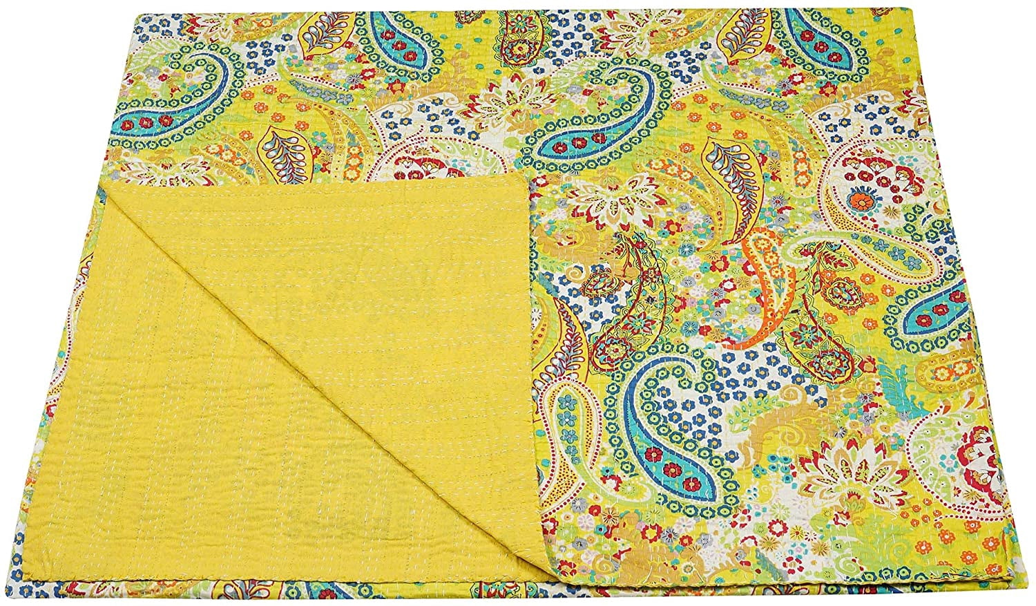 Vintage Handmade Kantha Quilt Indian Traditional Bed Cover Throw Paisley Printed Kantha Quilts (Yellow Color, Twin 60x90 Inch)