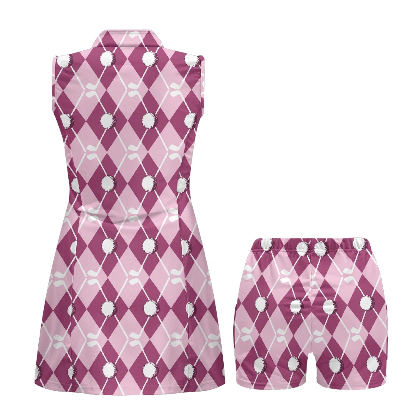 COEQINE Golf Dresses for Women V-Neck Soft Lightweight Athletic Dresses with Collared Design Golf Ball Club Diamond Lattice Pink Print Golf Outfits with Shorts 2 Pockets, XS