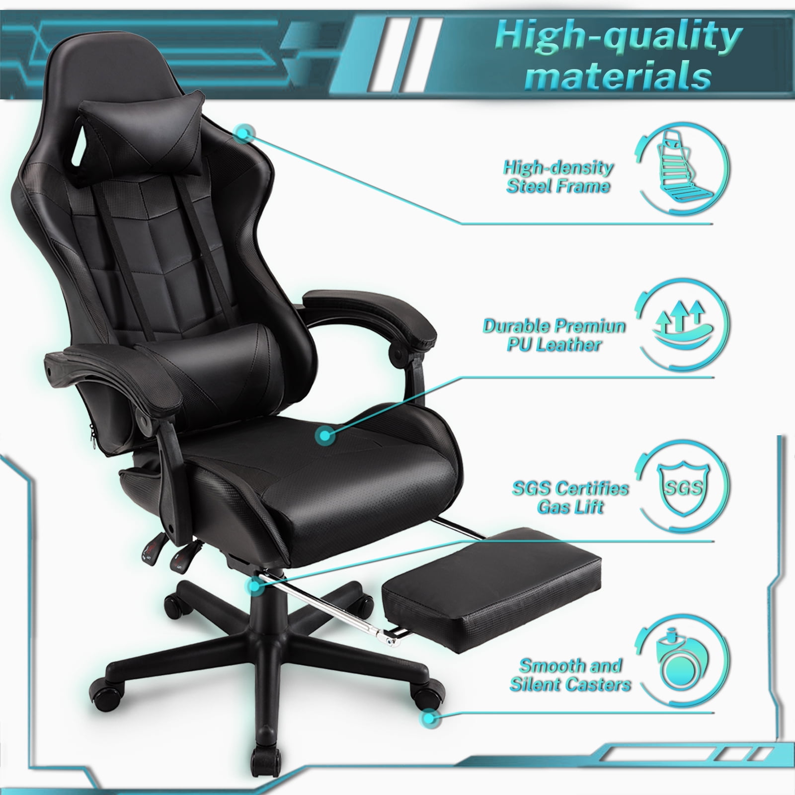 Luxvie Gaming Chair with Footrest High Back Office Chair with Headrest&Massage Lumbar Support Swivel Ergonomic Gaming Chair for Adults, Black