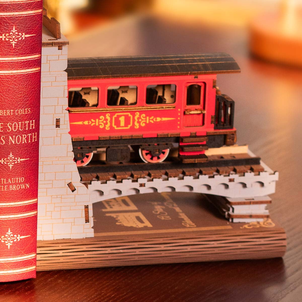 Robotime 3D Puzzles for Adults DIY Book Nook Kit Wooden VintageTrain Decorative Bookends 6.5" Model Building Kit Crafts for Adults Gifts for Boys Girls