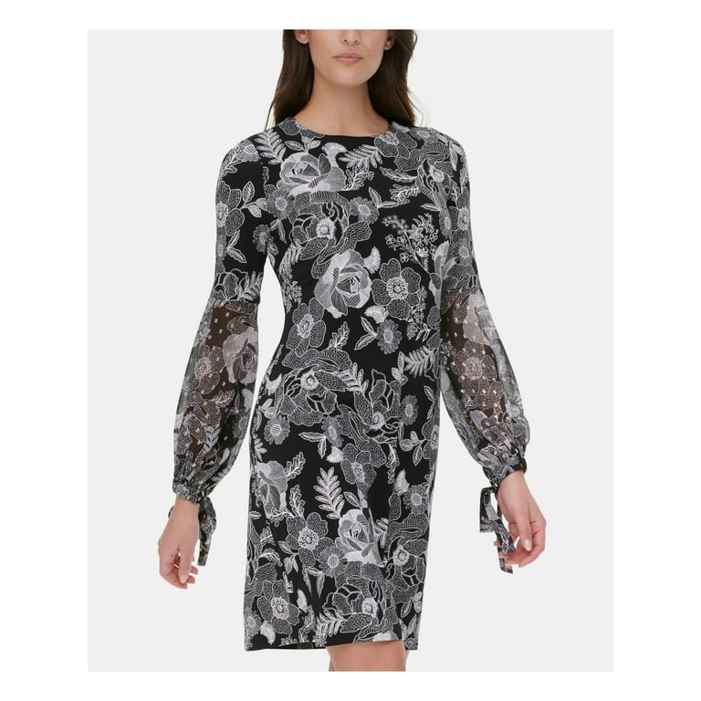 TOMMY HILFIGER Womens Black Zippered Floral Long Sleeve Crew Neck