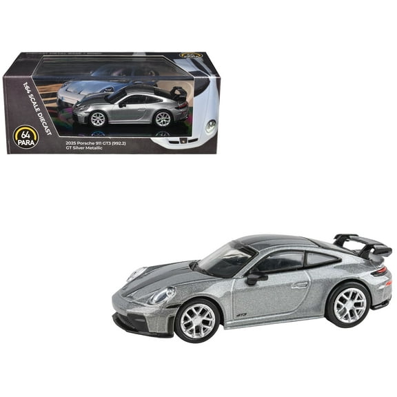 2025 Porsche 911 GT3 (992.2) GT Silver Metallic with Carbon Stripe 1/64 Diecast Model Car by Paragon Models