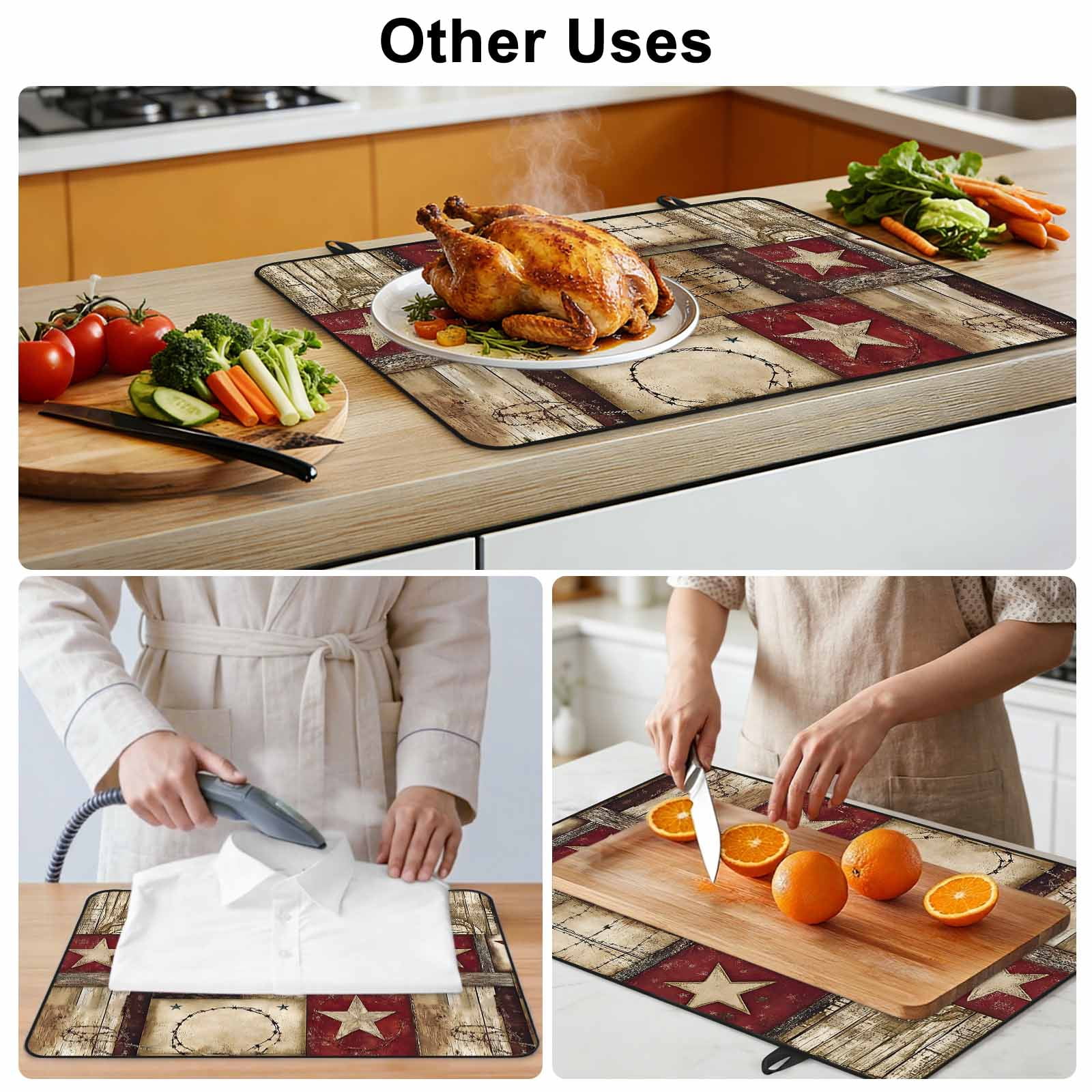 Texas Star Farm Stove Top Cover for Electric Stove, Heat-proof & Non Slip Glass Top Stove Cover Protector, Country Wood Grain Vintage Western Kitchen Flat Cooktop Rubber Mat 24x21 Inches