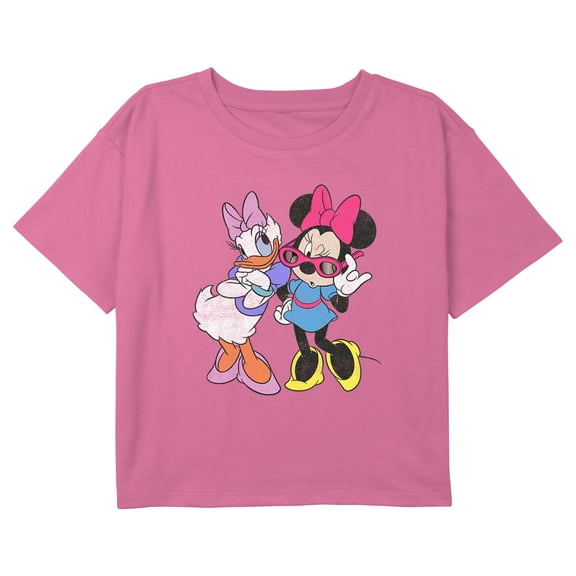 Girl's Mickey & Friends Daisy Duck and Minnie Mouse Sunglasses Graphic Cropped T-Shirt Light Pink Small
