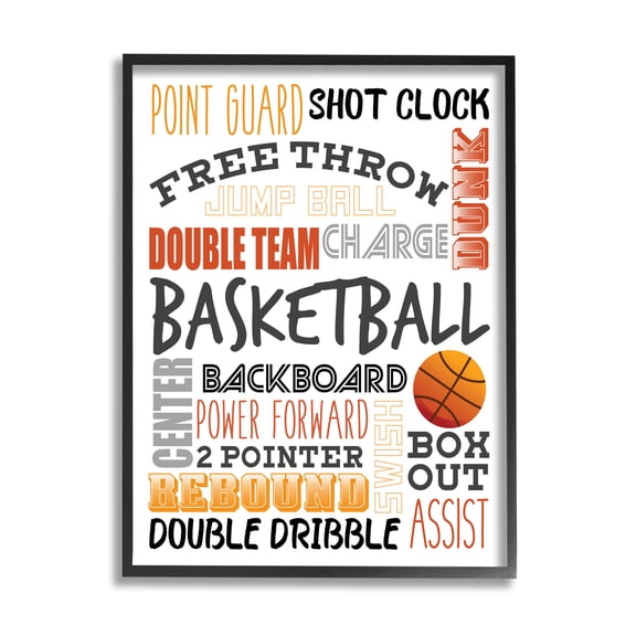 Stupell Industries Basketball Game Terms Orange Typography Kids' Sports Sports Painting Black Framed Art Print Wall Art, 11 x 14