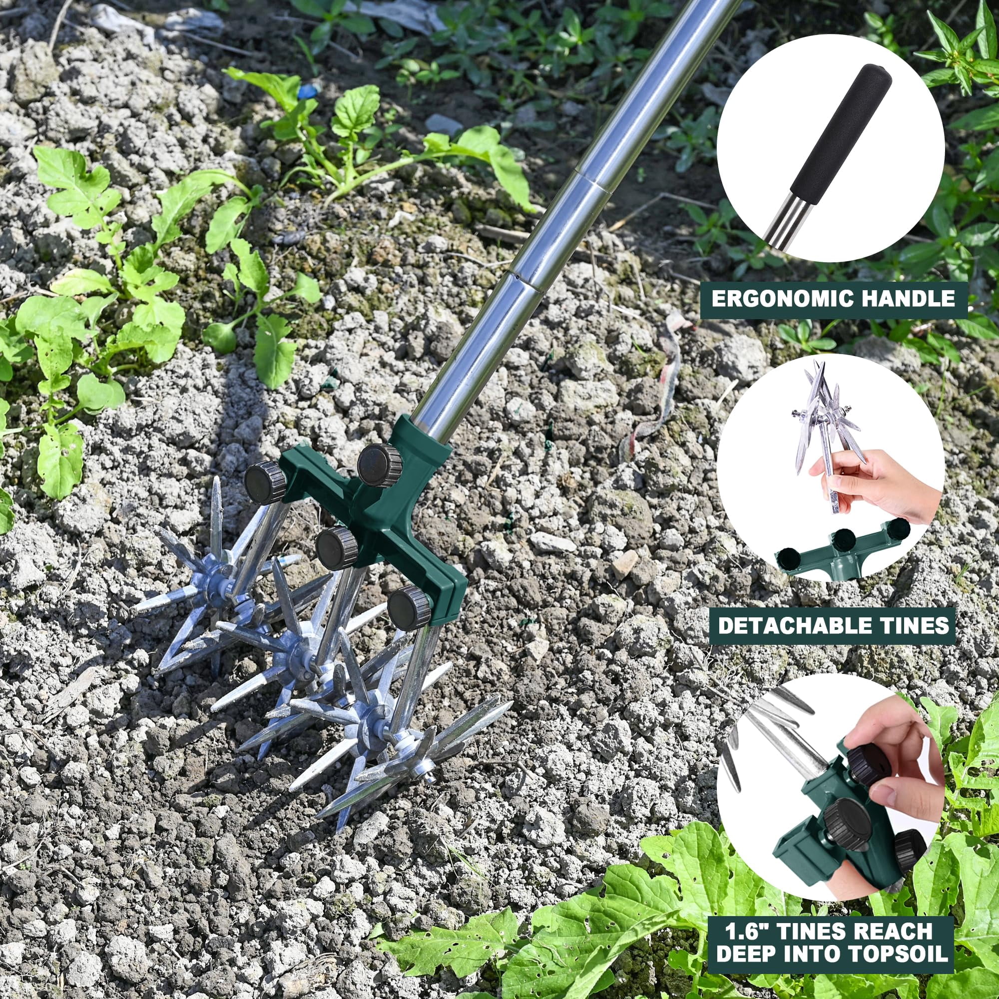 Rotary Cultivator Garden Tiller Adjustable Stainless Steel Poles Hand For Soil Mixing Or Reseeding Grass Lawn Total Length 57 Inch