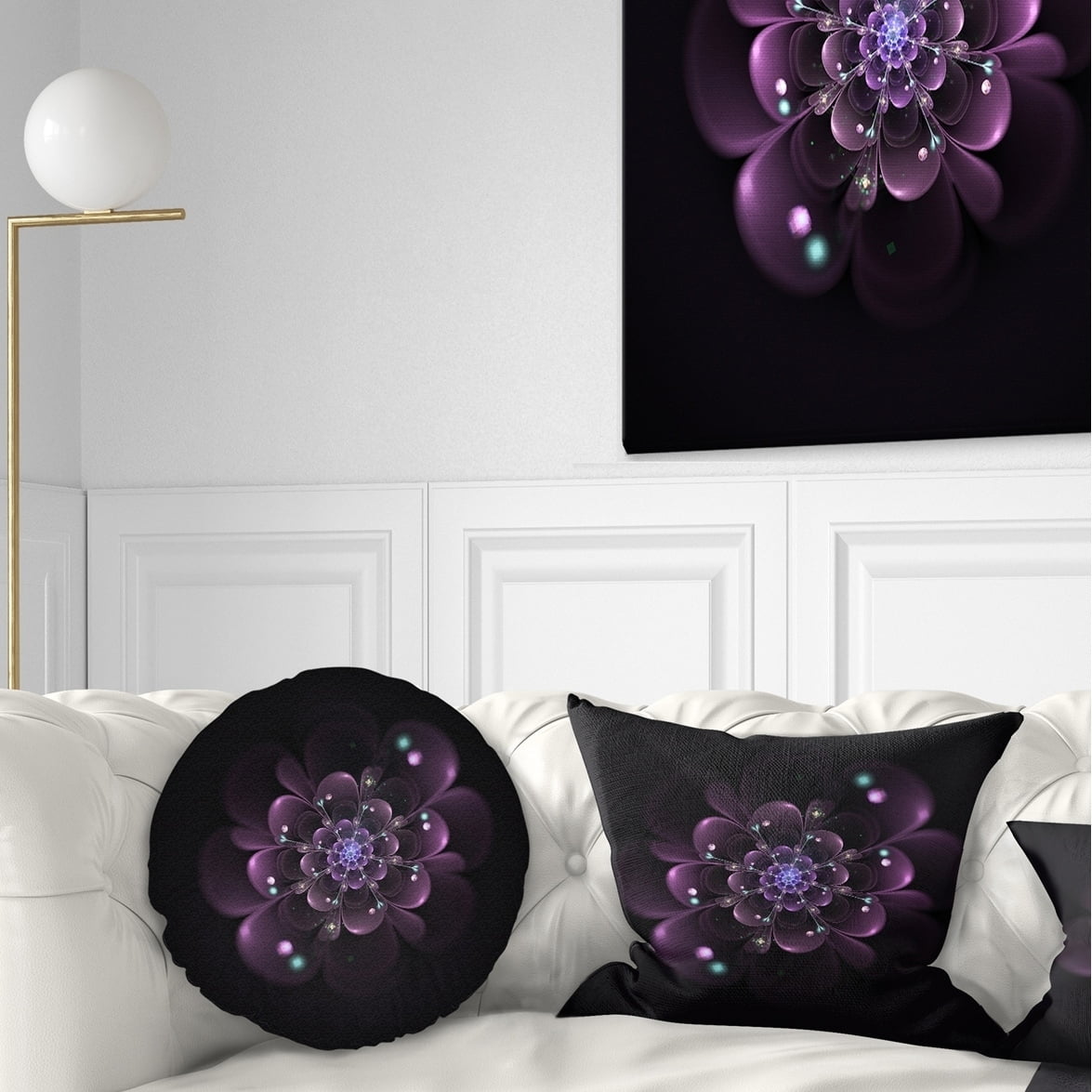 in Sofa Throw Pillow 18 in Designart CU12182-18-18 Glowing Light Purple Fractal Flower on Black Floral Cushion Cover for Living Room x 18 in Insert Printed On Both Side