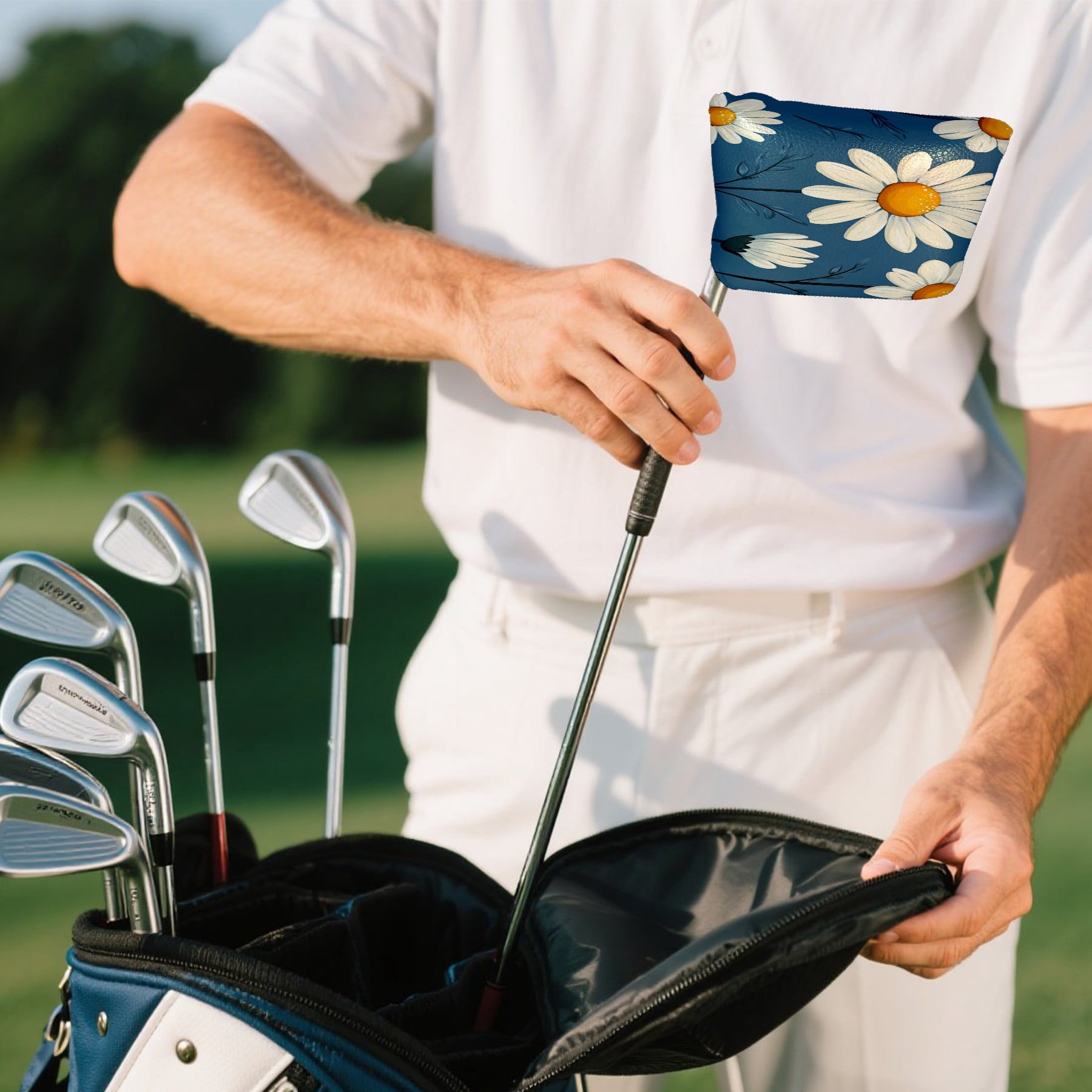 Golf Mallet Putter Cover Premium Leather Waterproof Golf Putter Head Cover with Magnetic Closure White Yellow Daisies