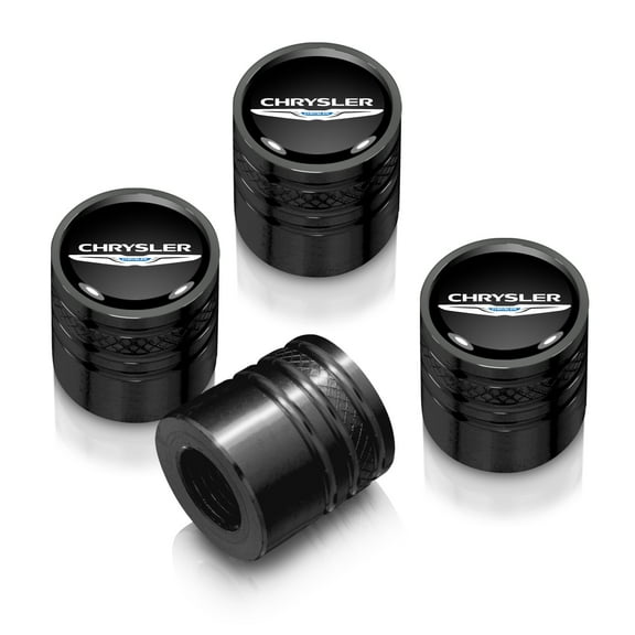 Chrysler Logo in Black on Black Aluminum Cylinder-Style Tire Valve Stem Caps