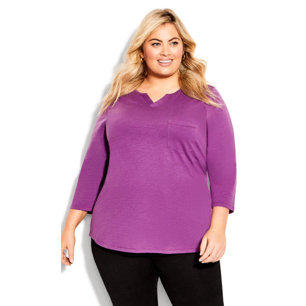 Avenue Women's Plus Size Notch Neck 3/4 Sleeve Plain Tee TShirt Top