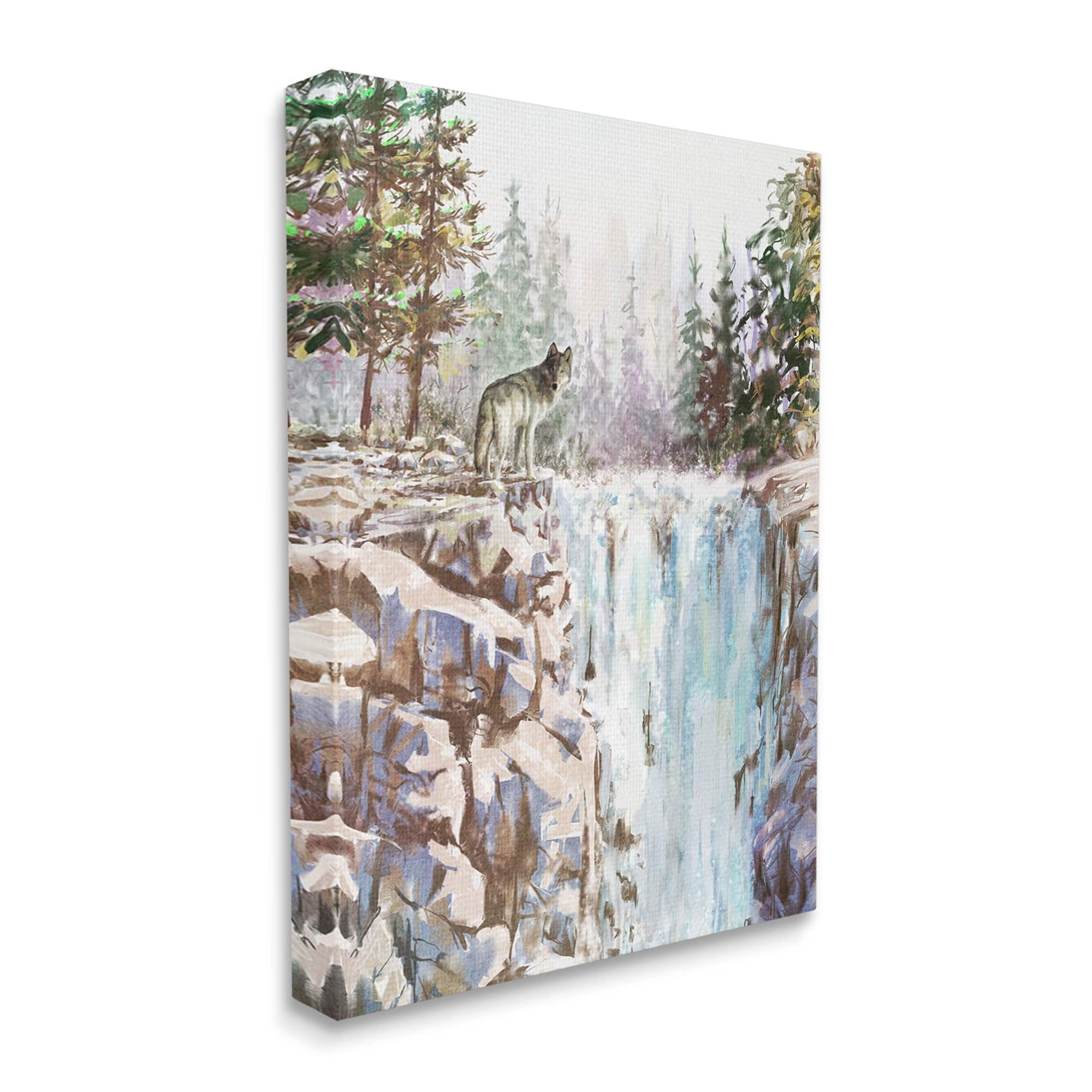 Stupell Wolf Near Rocky Waterfall Cliff Animals & Insects Painting Gallery Wrapped Canvas Print Wall Art
