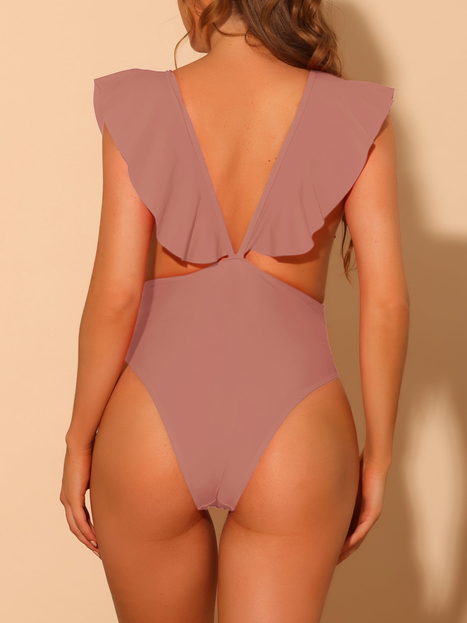DARING DIVA V Neck Ruffled Monokini Tummy Control Bathing Suit XS Rosy Brown