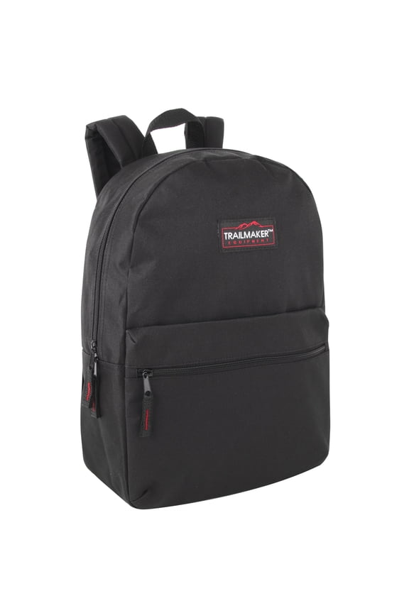 Classic Solid Color 17 Inch Backpack with Front Zipper Accessory Pocket, Dual Zipper Closure & Padded Shoulder Straps for Work, Office, Gym, Sports, Travel, Commute & Recreation in Black