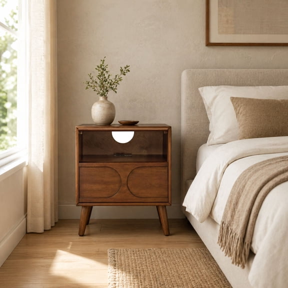 GOMYHOME Walnut Nightstand with Charging Station, 1 Drawer, Open Shelf, USB & AC Ports