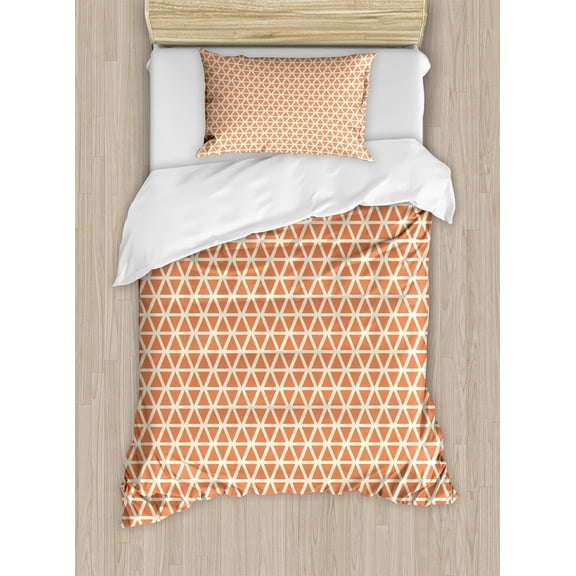 Orange Duvet Cover Set, Groovy Soft Toned Vintage Geometric Triangles Skewed Squares Tile, Decorative 2 Piece Bedding Set with 1 Pillow Shams, Twin Size, Pale Orange Ivory, by Ambesonne
