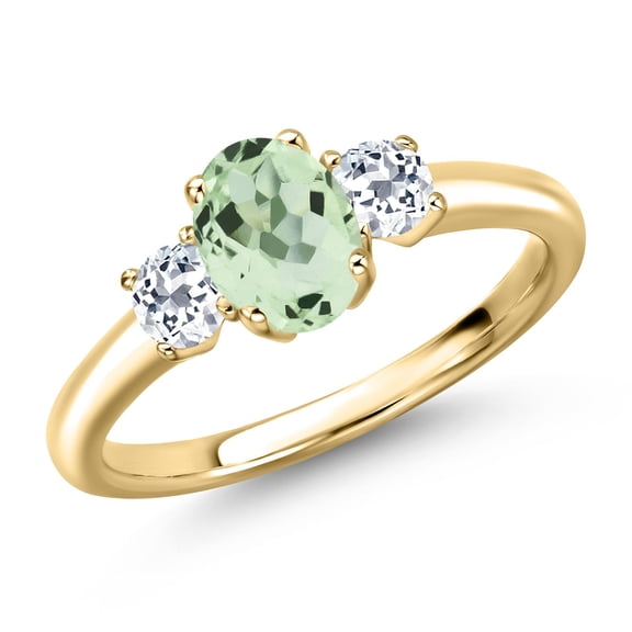 Gem Stone King 10K Yellow Gold Green Prasiolite and White Topaz Engagement Ring for Women | 1.18 Cttw | Oval 7X5MM | Gemstone Birthstone | Size 5