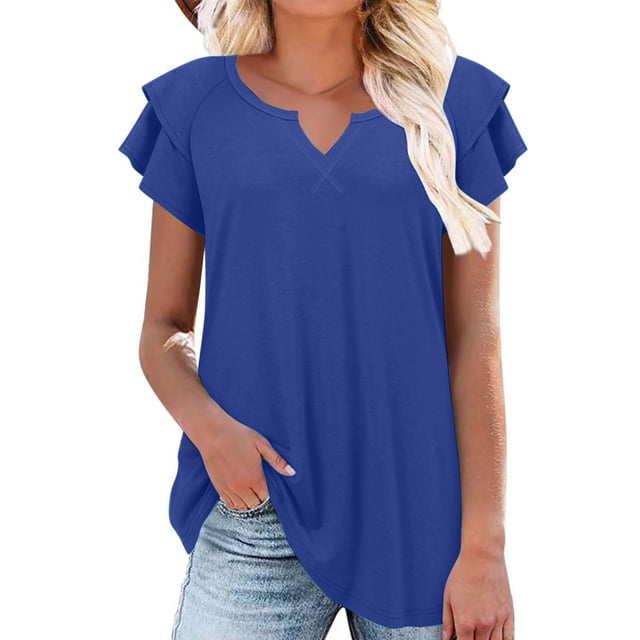Yuyuzo Womens T-Shirts Ruffle Short Sleeve Notch V Neck Solid Color Casual Tops Loose Fitted Basic Tunics