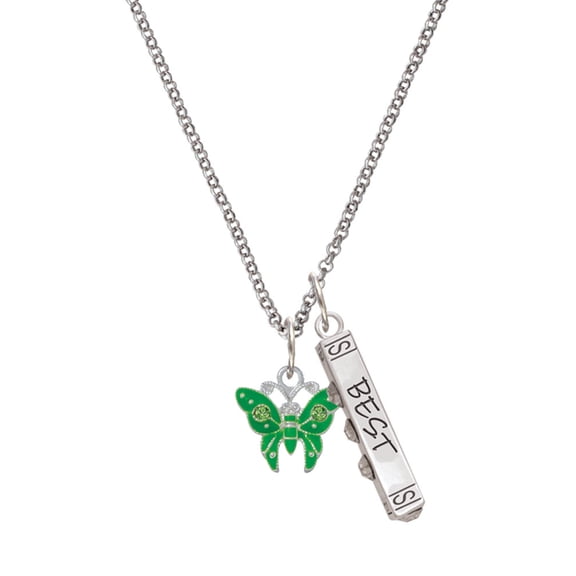 Delight Jewelry Silvertone Lime Green Butterfly with 2 Lime Green Crystals Silvertone Best Friends Forever Bar Charm Necklace, 23"