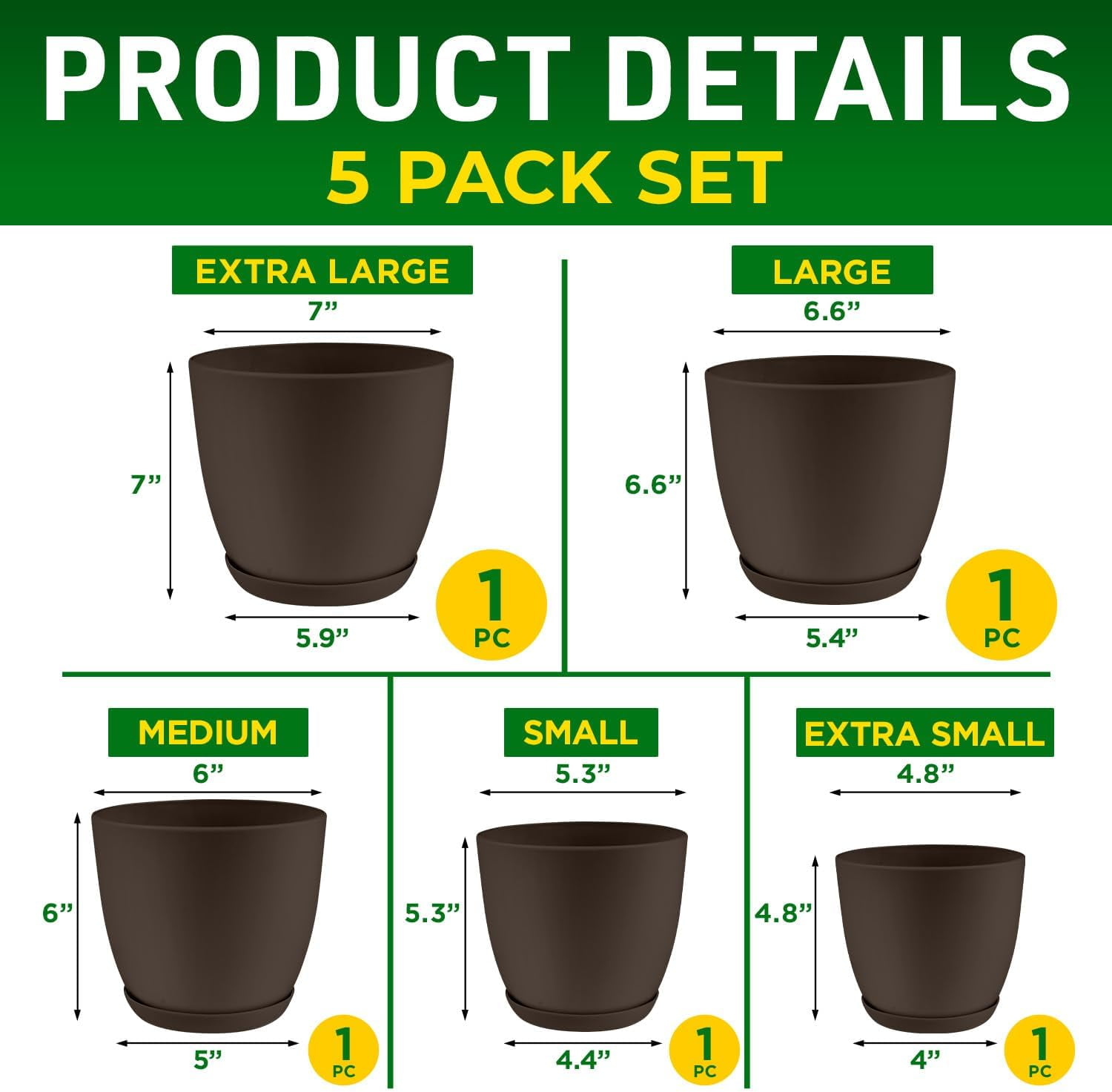 Lifemaster 5-Piece Brown Planter Pots with Drainage - Lightweight, Durable, Space-Saving Design for Indoor/Outdoor Use