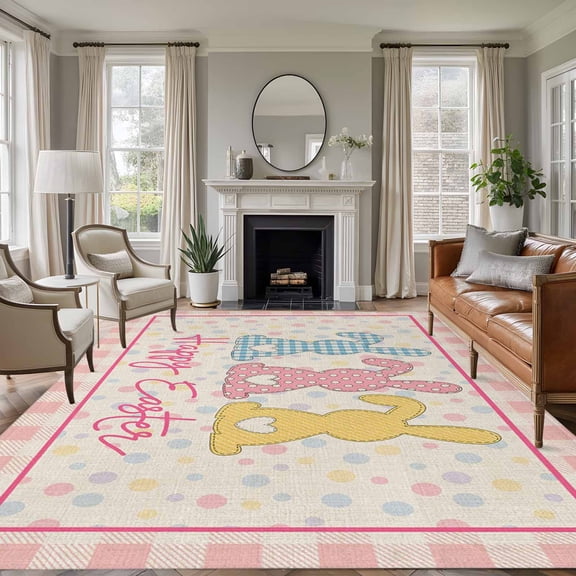 Easter Area Rugs 5'x8', Washable Small Throw Rugs for Classroom Bedroom, Colorful Polka Dot Bunny Vintage Pink Checkered Plaid Indoor Outdoor Rug Non-Slip Low Pile Carpet Runner Reversible Floor Mats