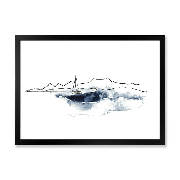 Designart 'Minimalistic Seascape With Boat and Black Mountains' Nautical & Coastal Framed Art Print
