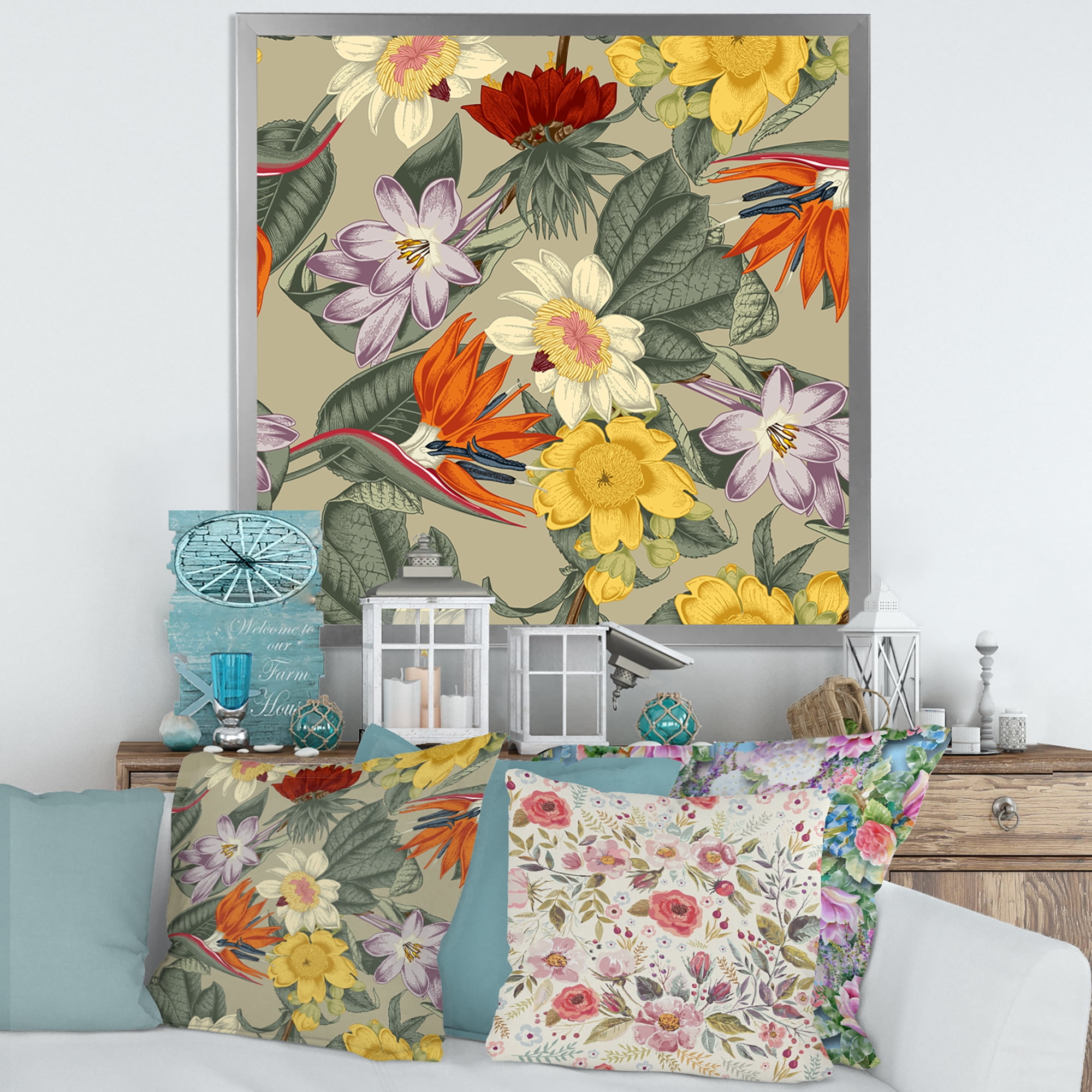 Designart 'Ancient Exotic Flowers In Orange and Yellow' Traditional Framed Art Print