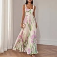 thumbnail image 4 of Women Square‑Neck Sleeveless Blue‑Iris Floral Print Belted Pleated Flowy Maxi Dress, Elegant Casual Summer Long Dress, 4 of 11